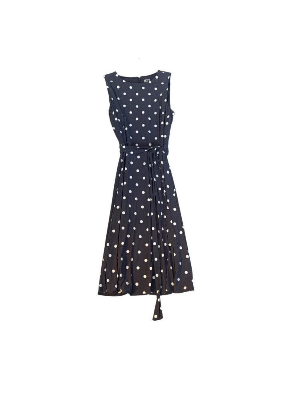 Anne Klein Grey & White Polka Dot Sleeveless Dress Size 16 Belted Waist A-Line P